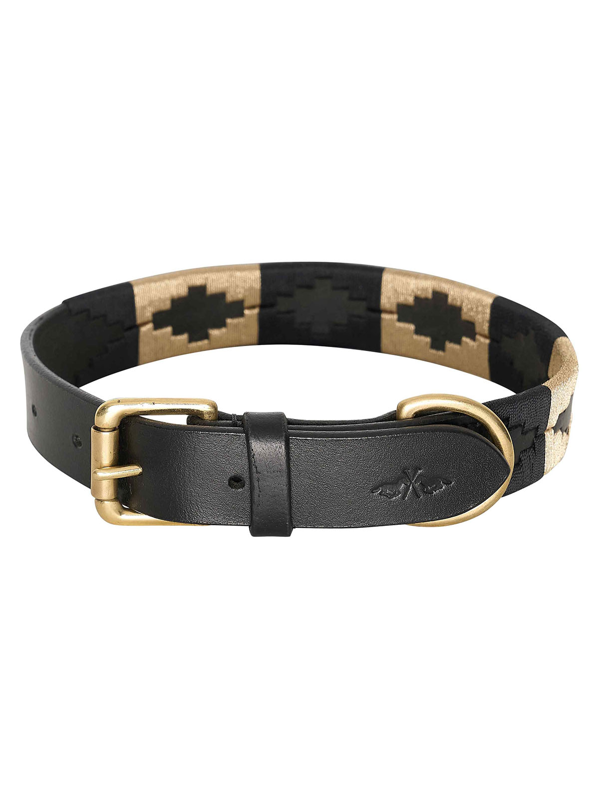Black leather dog collar with gold and black embroidery - HV POLO