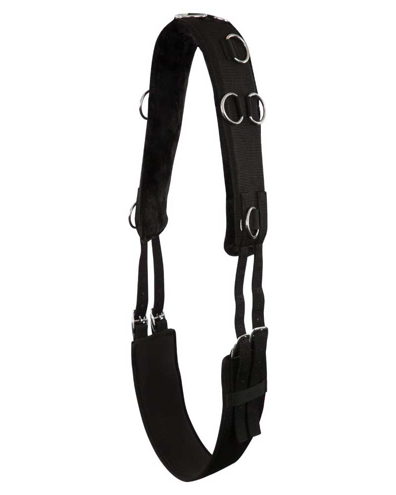 Black neoprene and faux-shearling training girth with 10 D-rings for horses and ponies – Premiere