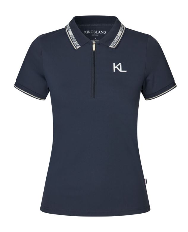 T-shirt en piqué à manches courtes en bleu marine avec détails dorés et beige clair avec demi-fermeture éclair avant pour femme-KLNaira-Kingsland