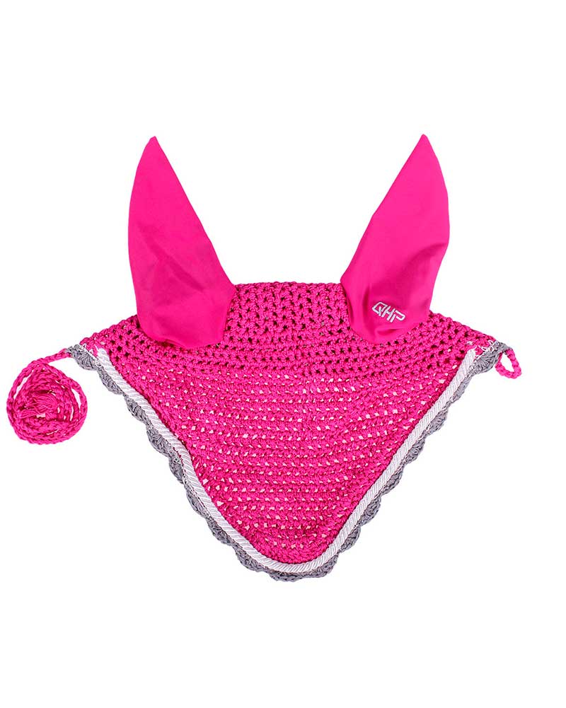Fuchsia crochet ear bonnet with silver and grey details for horse and pony - QHP
