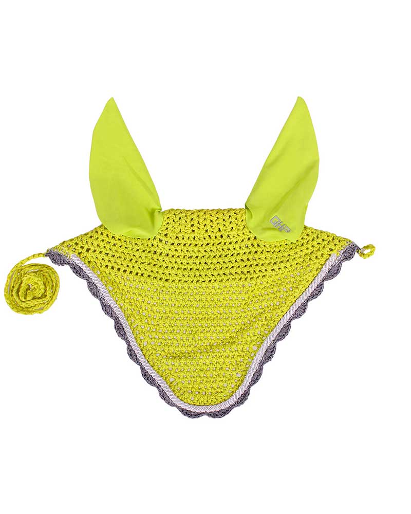 Bonnet en crochet vert citron avec détails argent et marron pour cheval et poney - QHP
