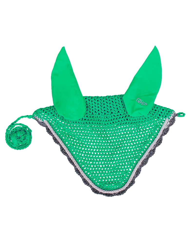 Green crochet earmuffs with silver and gray details for horse and pony - QHP
