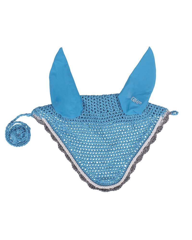 Orejeras de crochet azul claro con detalles en plata y marrón grisáceo para caballo y pony - QHP