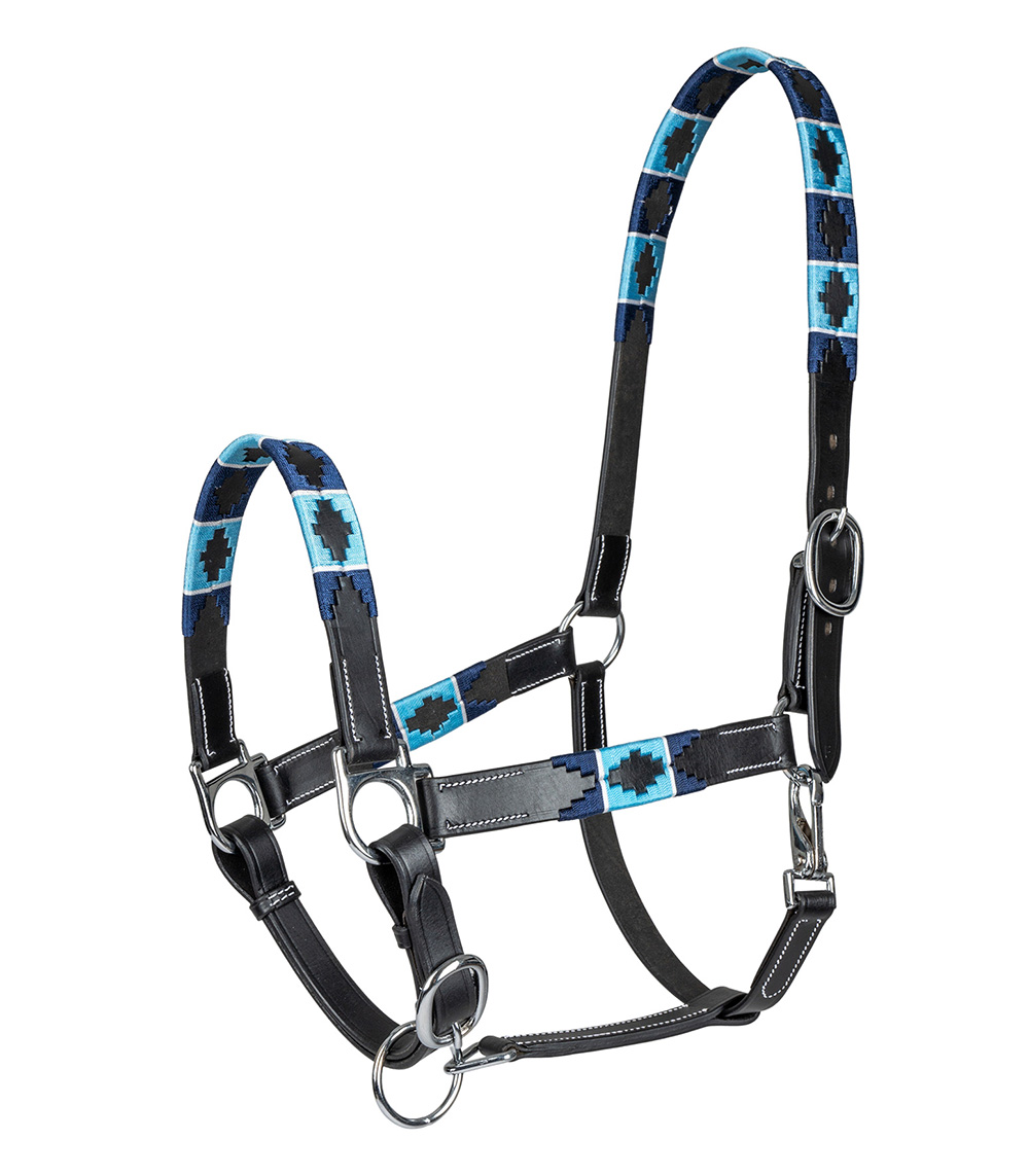 Licol d'écurie en cuir noir avec broderie bleu, blanc et bleu marine pour cheval - Waldhausen