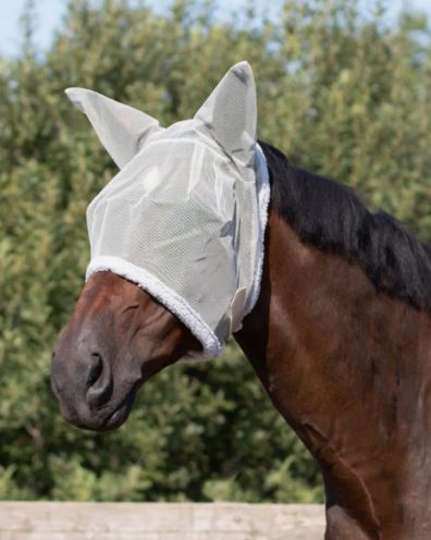 Máscara antimoscas de malla con protección auditiva color gris para caballo y pony - QHP