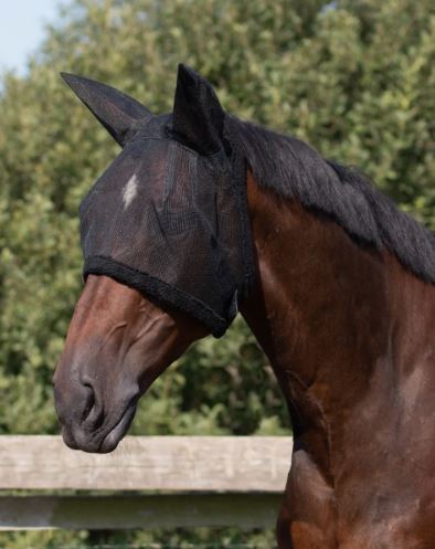 Máscara antimoscas de malla con protección auditiva color negro para caballo y pony - QHP