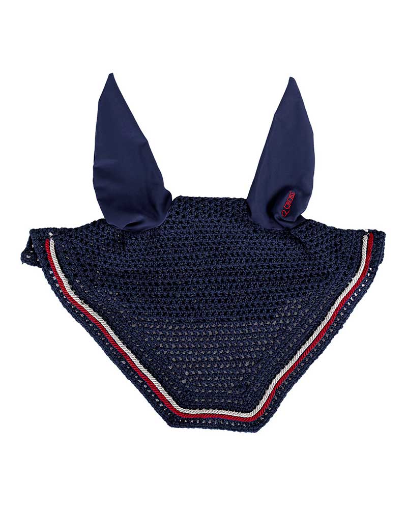 Bonnet en crochet bleu marine, blanc et rouge avec oreilles élastiques pour cheval et poney - QHP