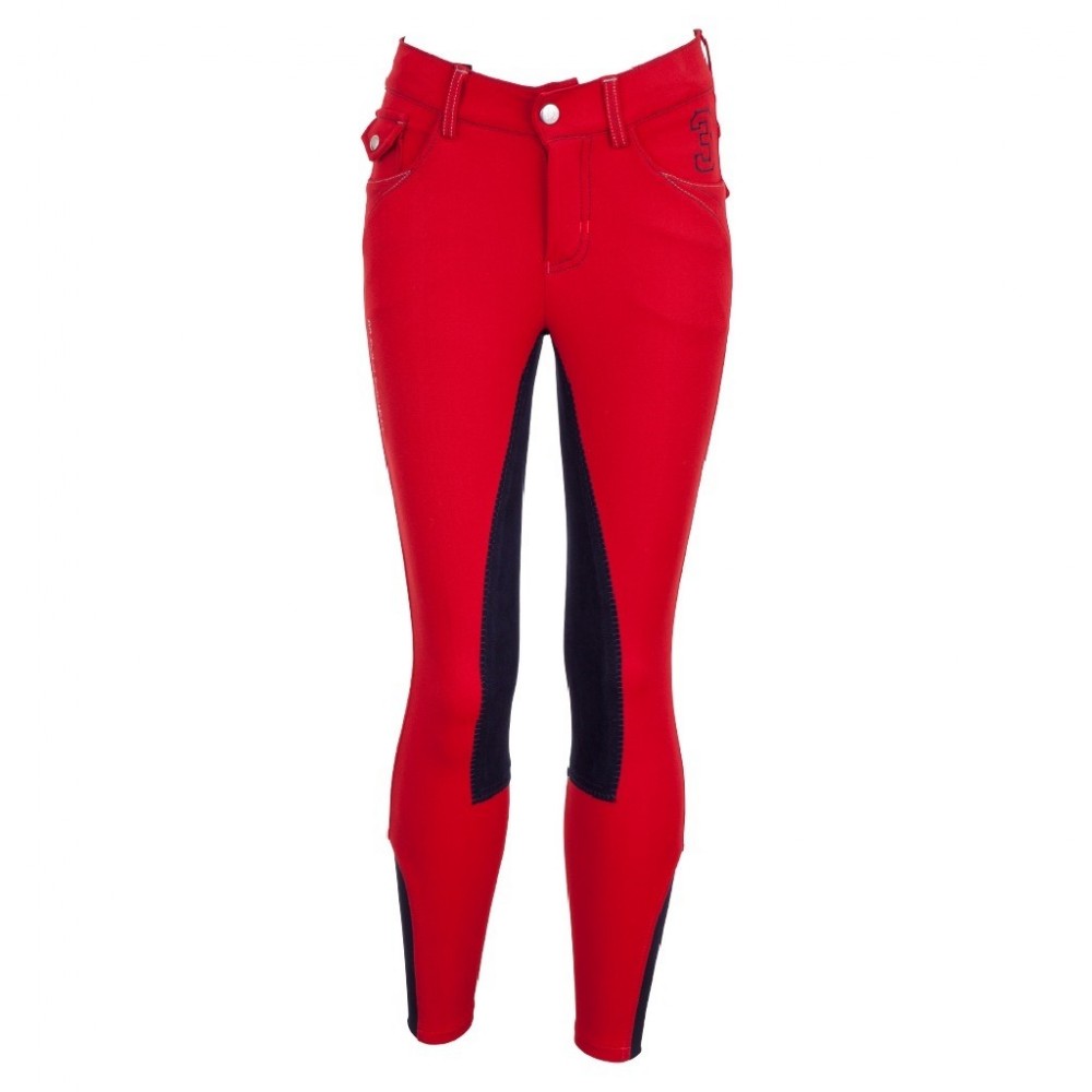 Red full-seat leather grip riding breeches with navy blue seat – Junior unisex – Sánchez model by BR