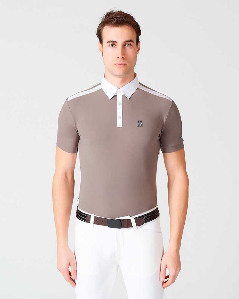 Short-sleeve dark beige polo with white mesh for men - Sassari - Vestrum