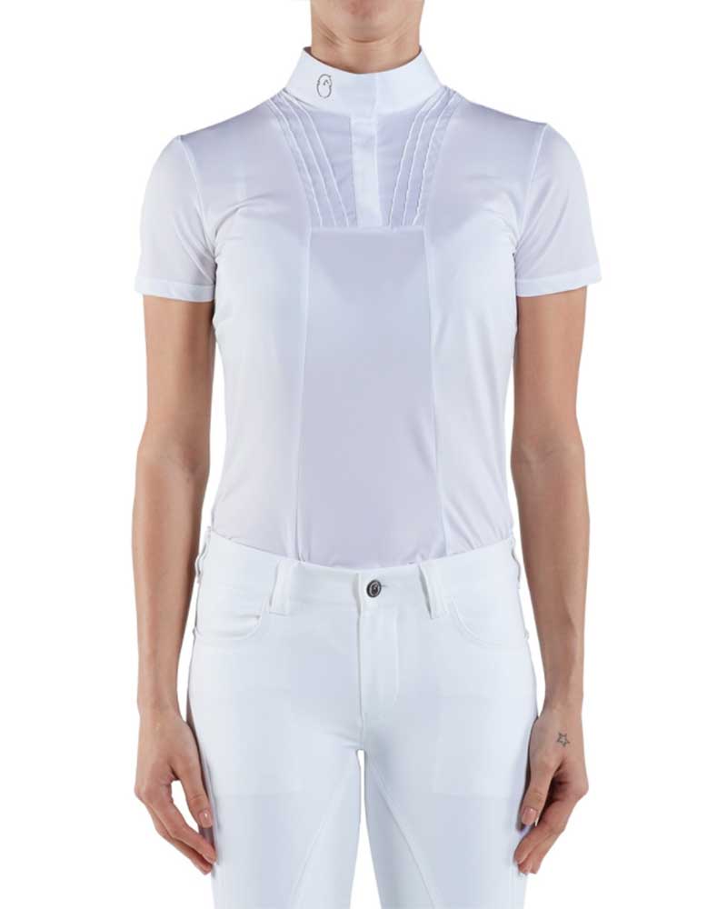 Polo de competición blanco de manga corta para mujer modelo Marbella de Vestrum.