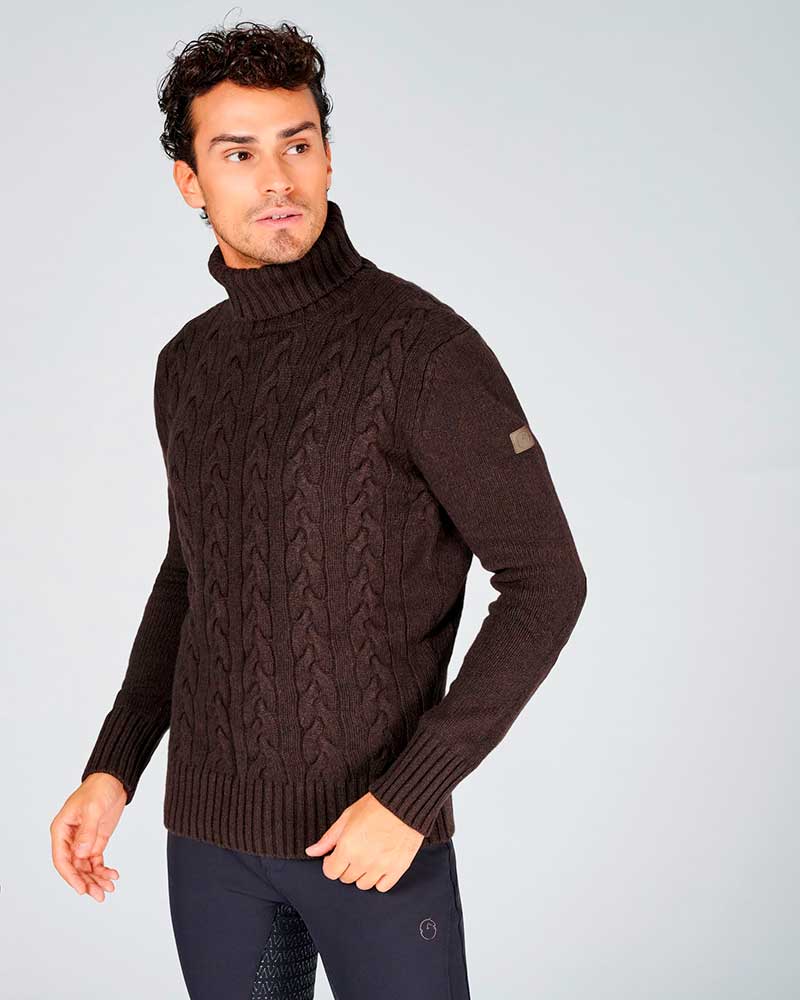 Jersey de ochos marrón oscuro con cuello alto y coderas para hombre - Anchorage - Vestrum