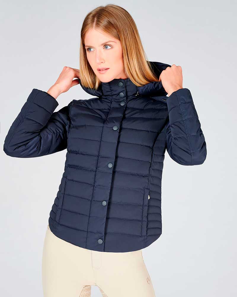 Navy blue short padded coat with high collar and hood for women New York by Vestrum