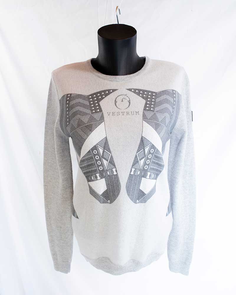 Women’s fine-knit beige sweater with grey horse illustrations - Vestrum