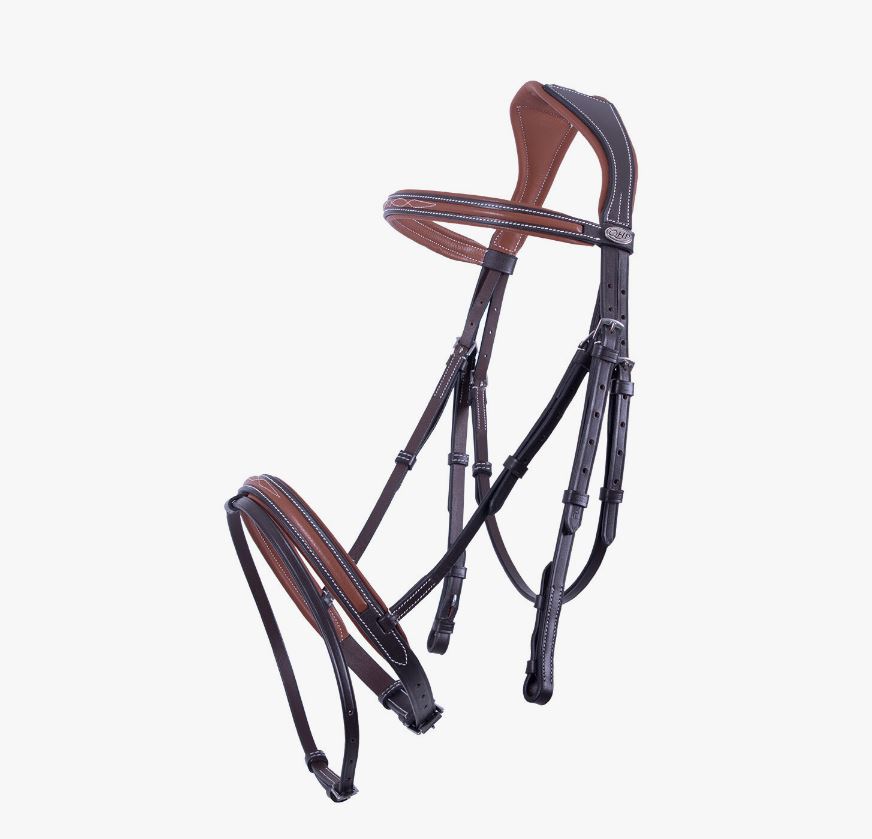 Two-tone brown leather bridle with white stitching and horse reins - Freya - QHP