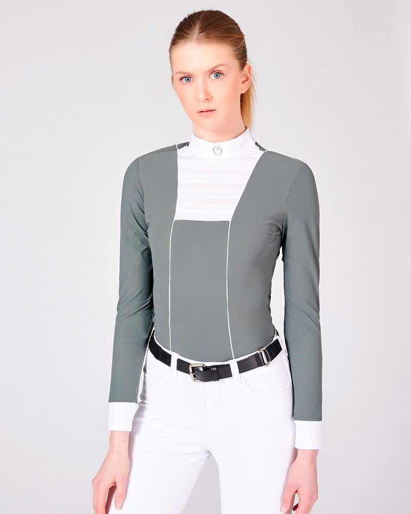 Polo de compétition vert grisâtre à manches longues avec panel blanc sur la poitrine pour femme modèle Nanchino - Vestrum