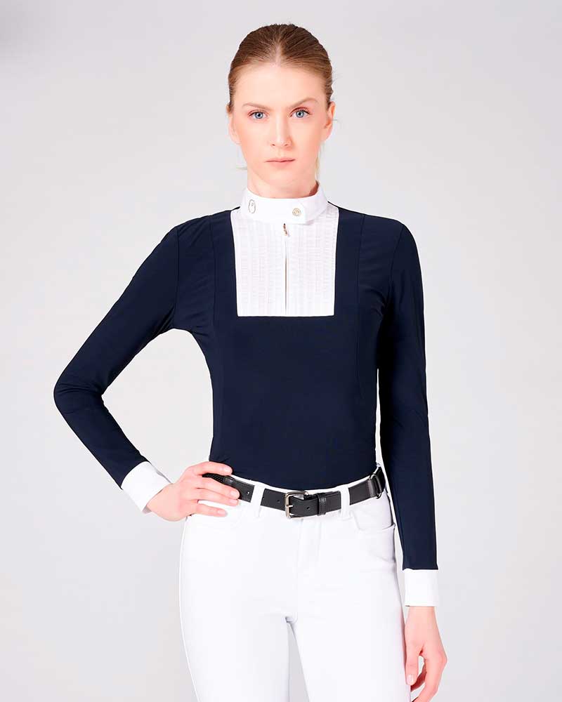 Polo de compétition bleu marine à manches longues avec panel blanc sur le devant pour femme modèle Hasselt - Vestrum