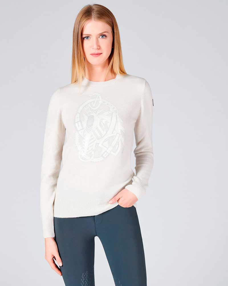 Pull en laine crème avec broderie et brillants sur le devant pour femme modèle Kiel - Vestrum