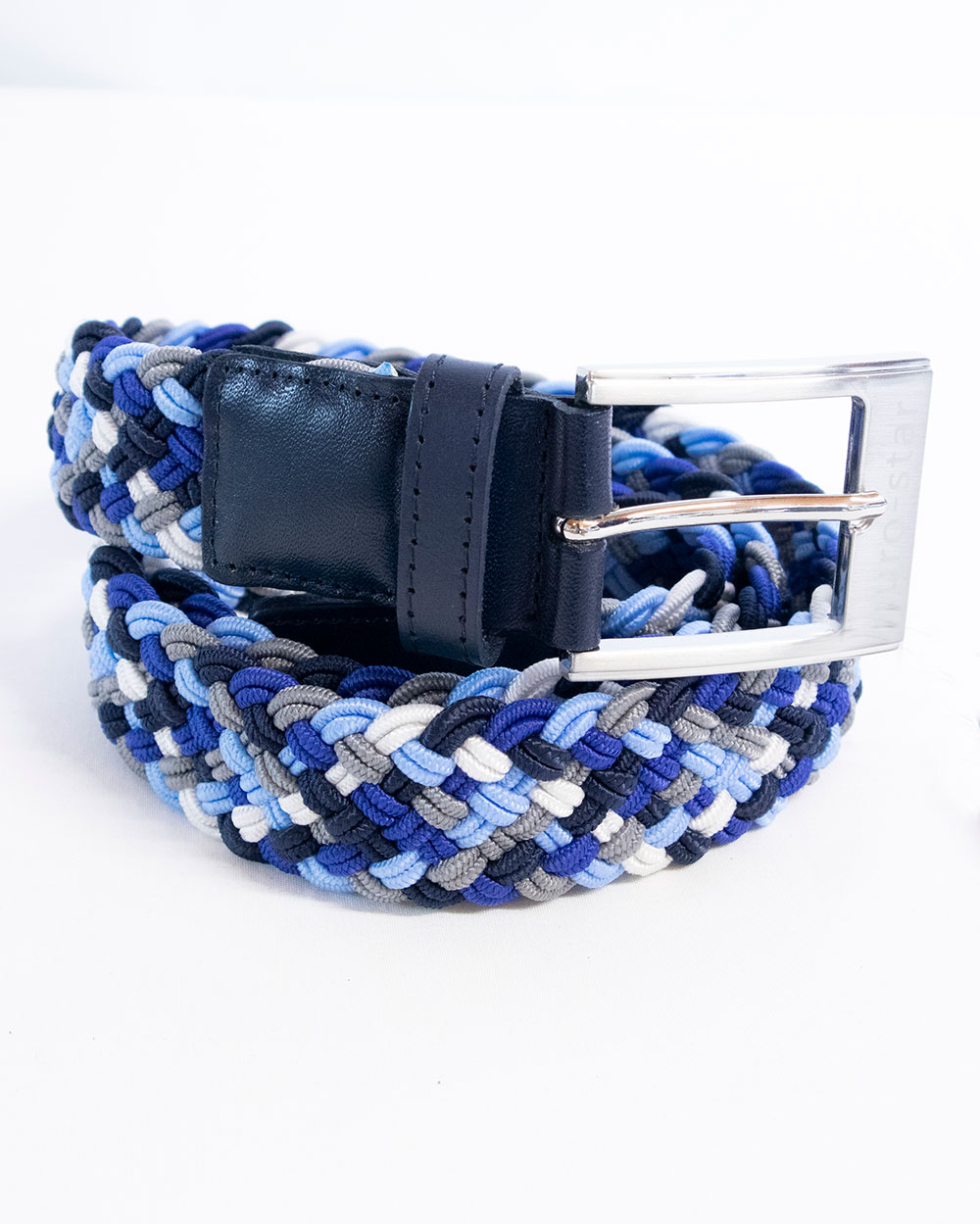 Braided and elastic belt in blue, light blue, navy, grey, and white with navy leather finishes - euro-star