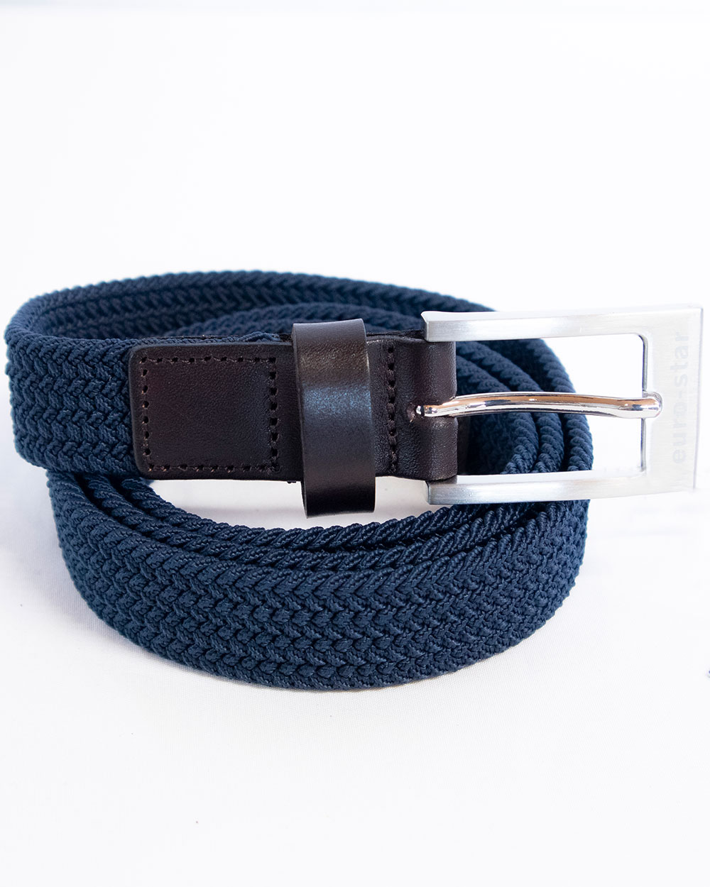 Navy blue narrow braided and elastic belt with dark brown leather finishes - euro-star