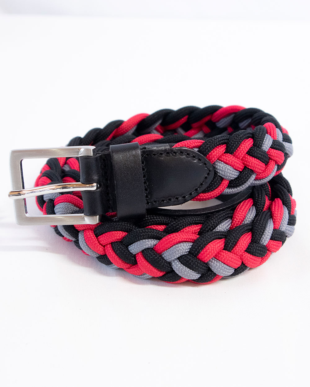 Cinturón estrecho, trenzado y elástico coral, negro y gris con acabados en cuero negro - Euro-Star