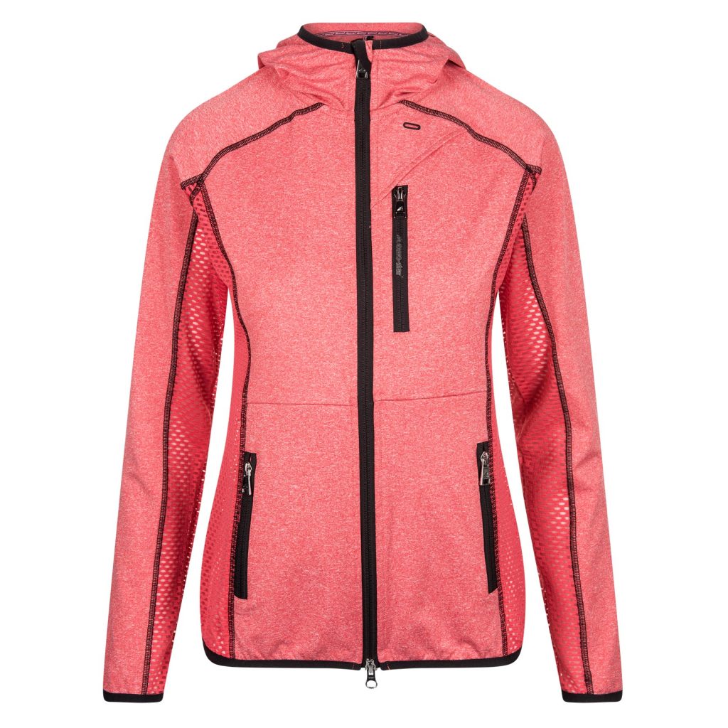Very light pink/red training sweatshirt with grey zipper, fuchsia mesh sides, high collar, and hood for women – Rabea model – Euro-Star