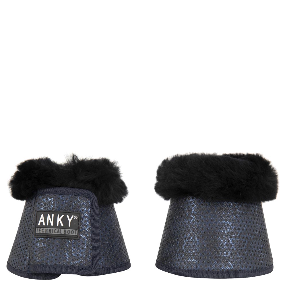 2 dark navy bell boots with brilliant animal print and black sheepskin by ANKY