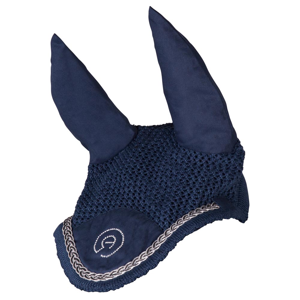 Bonnet bleu marine (navy) avec cordon brillant tressé noir et argenté pour cheval et poney - ANKY