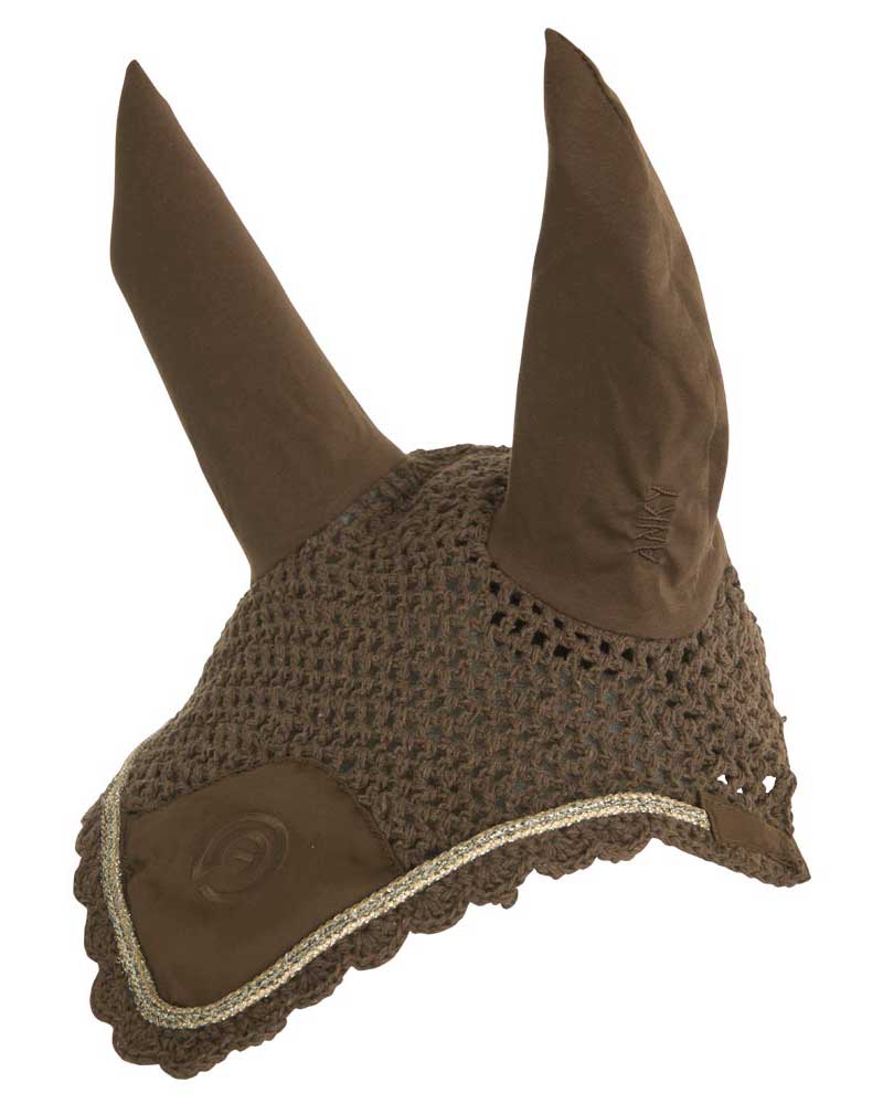 Tawny brown crochet fly veil with golden/silver cord and elastic ears for horse and pony – ANKY