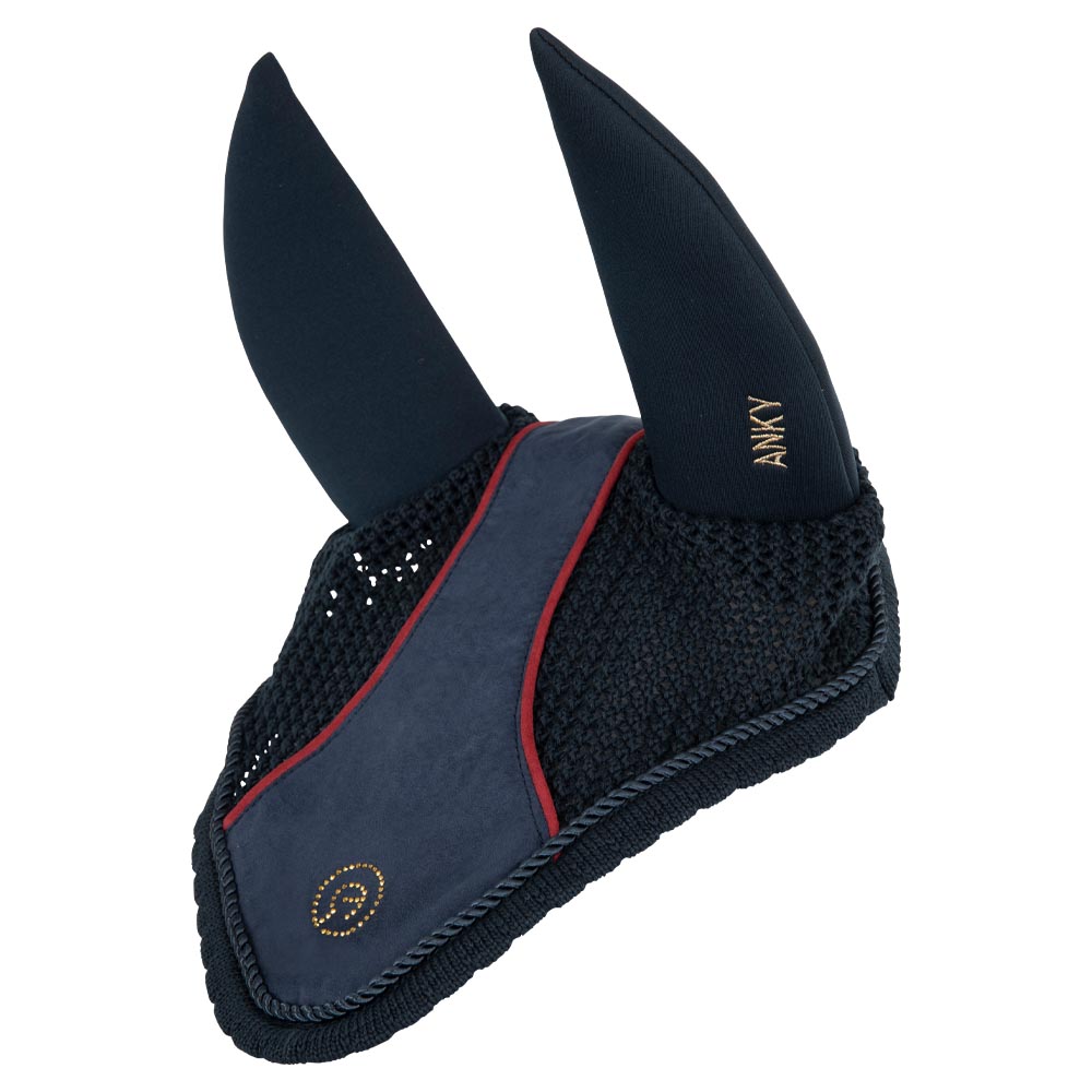 Orejeras azul marino (dark navy) con detalles en granate y orejas antirruido para caballo y pony - Anky