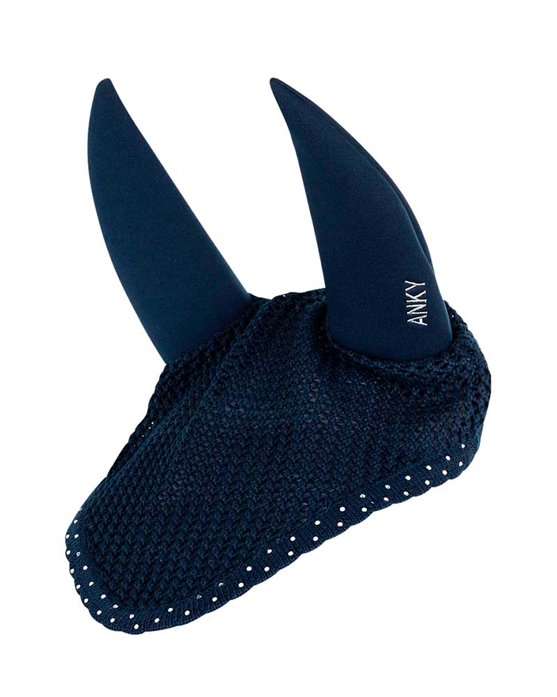 Bonnet bleu marine décoré de strass et oreilles anti-bruit pour cheval et poney - ANKY