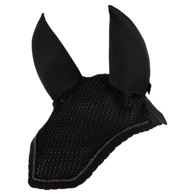 Bonnet en crochet noir décoré de bordure tressée à perles et oreilles coton et néoprène amovibles pour cheval - ANKY