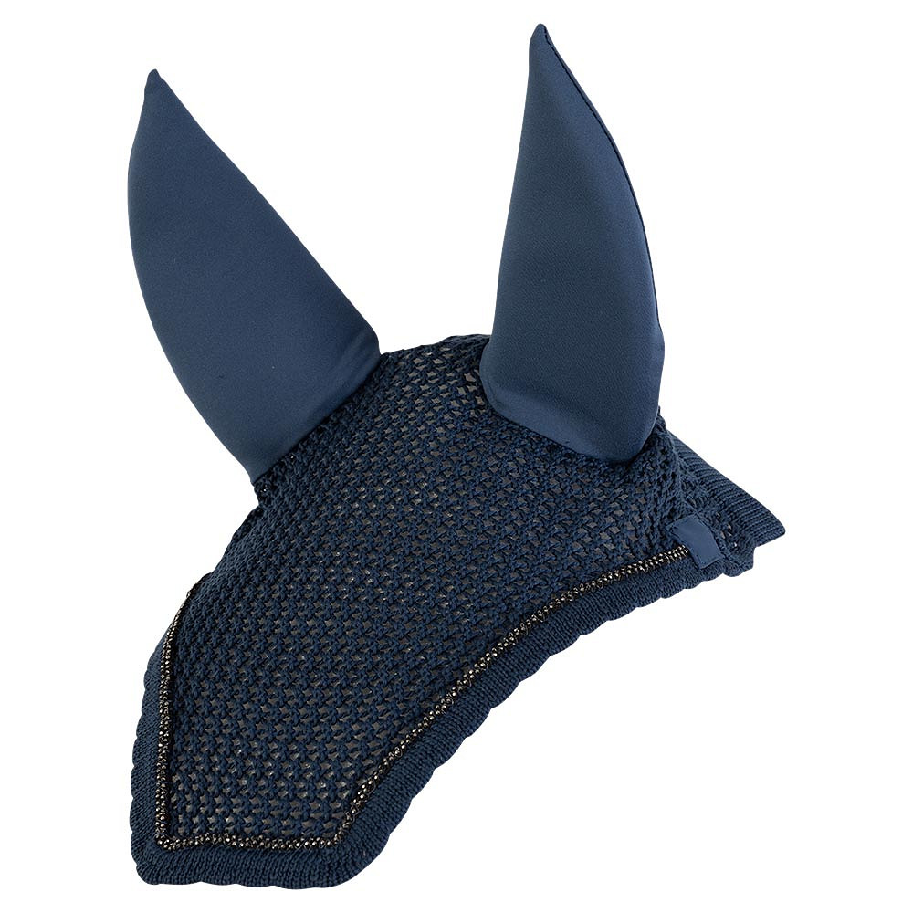 Bonnet en crochet bleu marine décoré de bordure tressée à perles et oreilles coton et néoprène amovibles pour cheval - ANKY