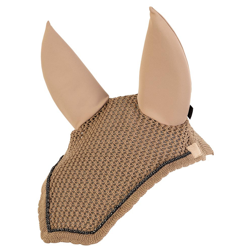 Bonnet en crochet beige décoré de bordure tressée à perles et oreilles coton et néoprène amovibles pour cheval - ANKY