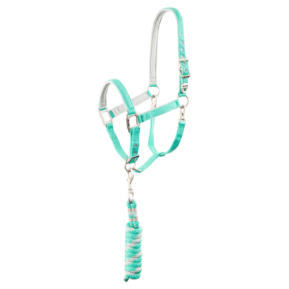Licol d'écurie avec longe vert menthe (teal green) et gris avec paillettes pour poney - ANKY