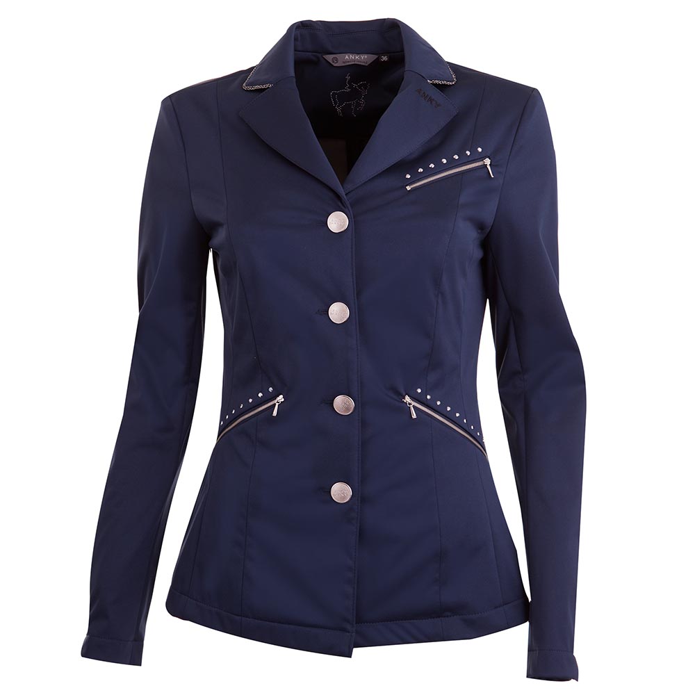 Veste de compétition bleu marine avec clous et passepoil du col argenté brillant pour femme - Anky