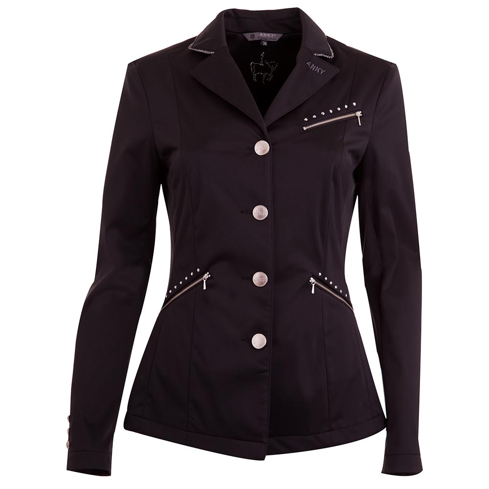 Black competition jacket with studs and shiny silver collar trim for women - ANKY