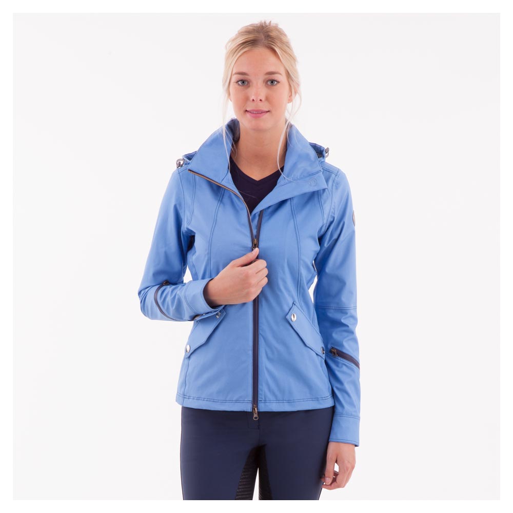 Abrigo ligero transpirable e impermeable azul claro con cuello alto y capucha de quita y pon para mujer - Anky
