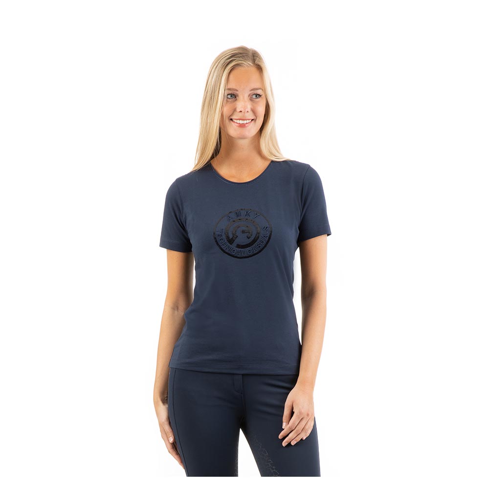 Camiseta azul marino (dark navy) de manga corta con bordados y lentejuelas para mujer - ANKY