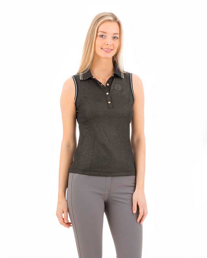 Polo sans manches noir (black) avec paillettes dorée pour femme - Anky