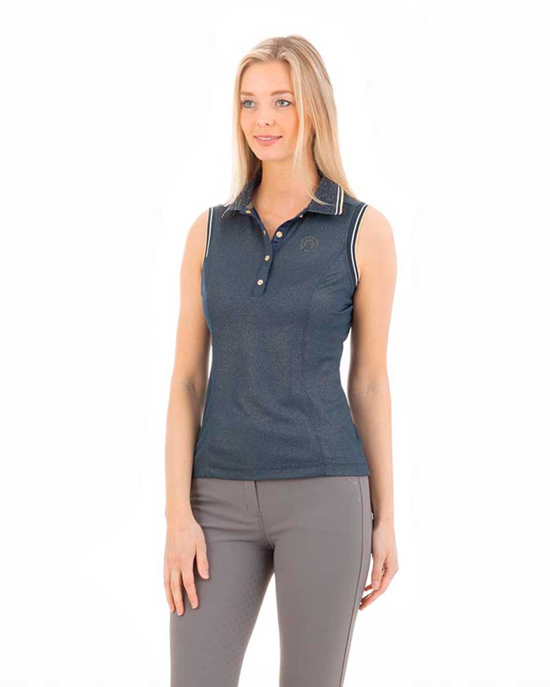 Navy blue sleeveless polo shirt with gold glitter for women - ANKY