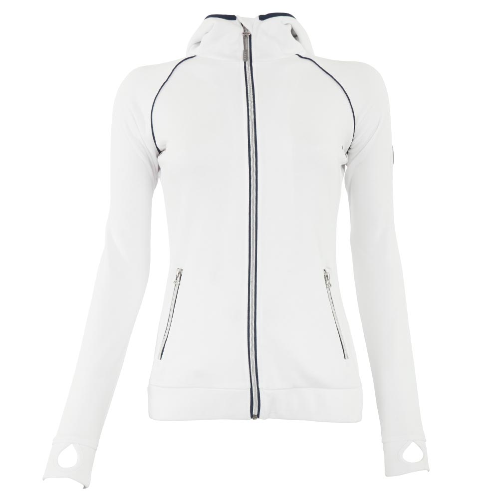 Chaqueta de competición blanca (white) con detalles azul marino y plateado con cremallera, cuello alto y capucha para mujer - Anky