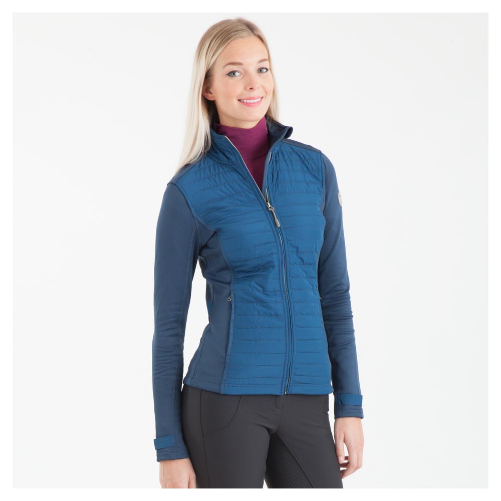 Chaqueta de entrenamiento corta en tejido técnico azul oscuro (Blue Bird), interior polar, cremallera arco iris y cuello alto para mujer - Anky