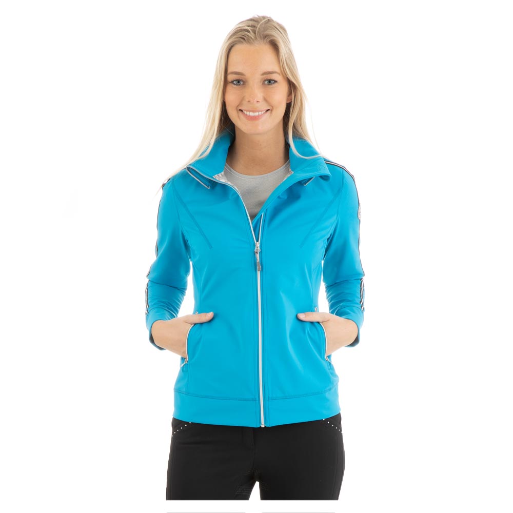 Chaqueta impermeable triple capa azul celeste (lagoon) y plateada con cuello alto para mujer - ANKY