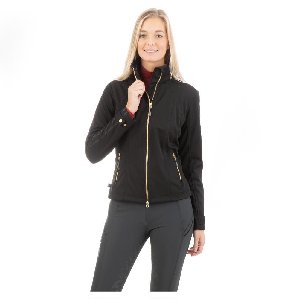 Chaqueta softshell negra (zwart) con detalles contrastados en dorado y capucha para mujer - ANKY