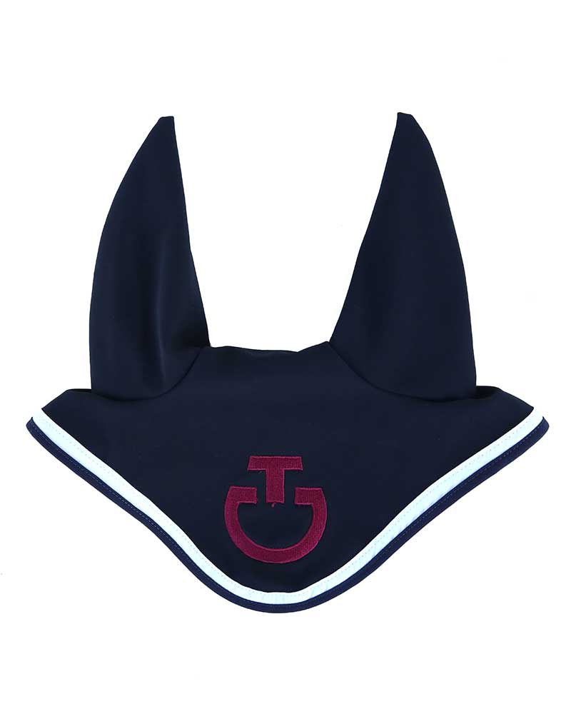 Bonnet bleu marine et blanc avec logo bordeaux et oreilles rigides pour cheval et poney - Cavalleria Toscana