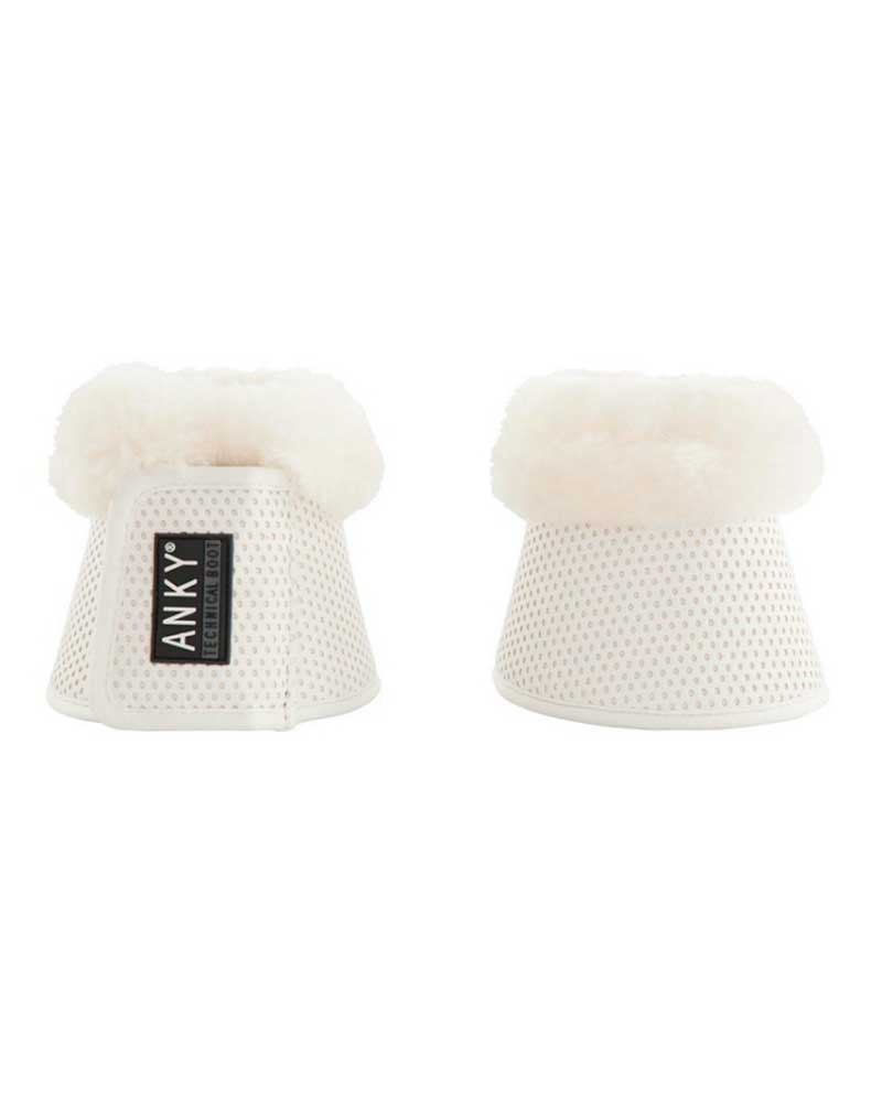 2 white bell boots with iridiscent brilliants under the perforations and white sheepskin by ANKY