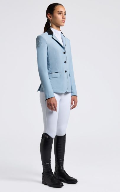 Veste de concours bleu clair avec col Alcantara et passepoils en contraste pour fille-GP-Cavalleria Toscana-
