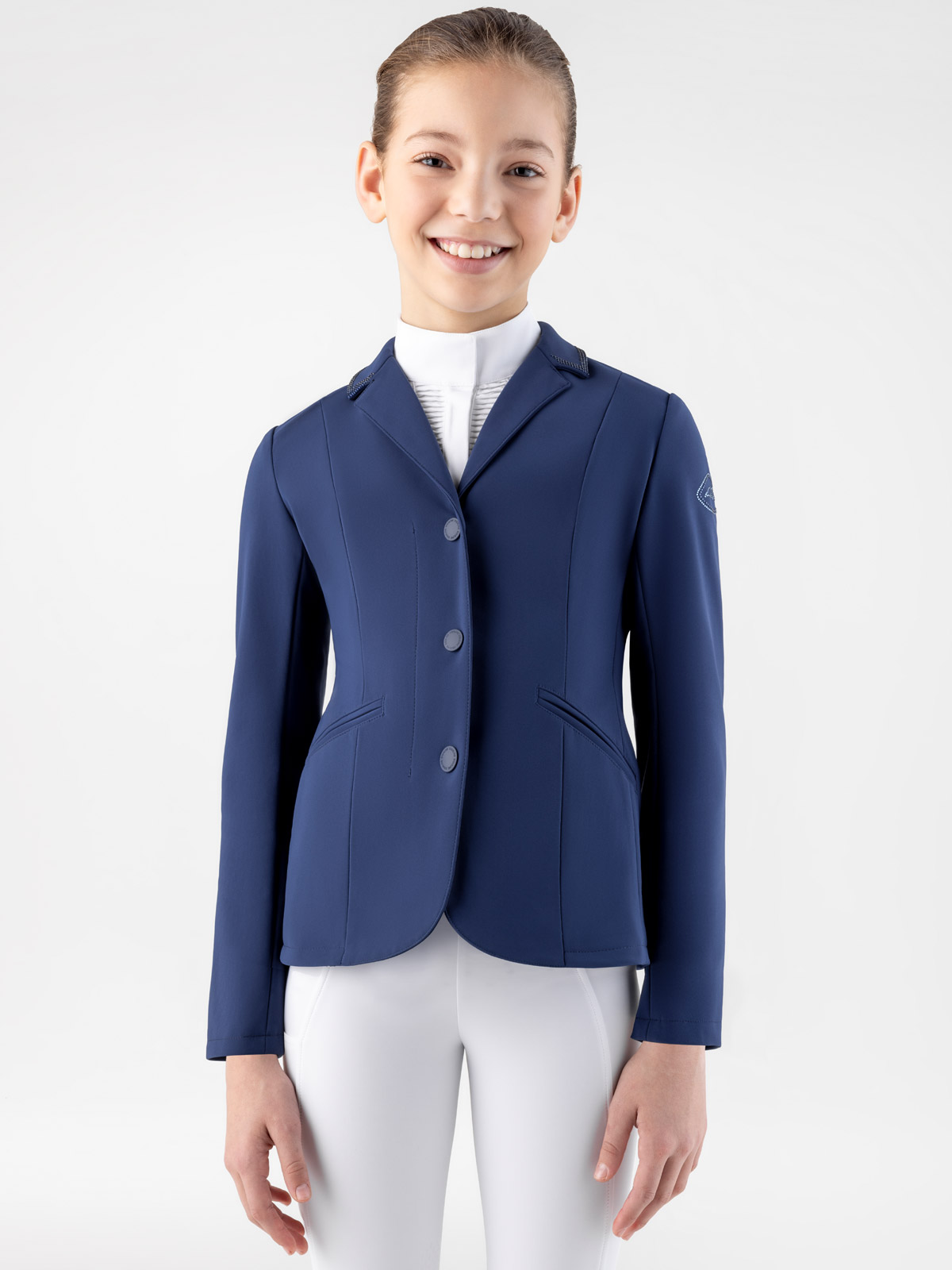 Veste de compétition bleu marine orné de strass au col et logo en diamant pour fille - Equiline
