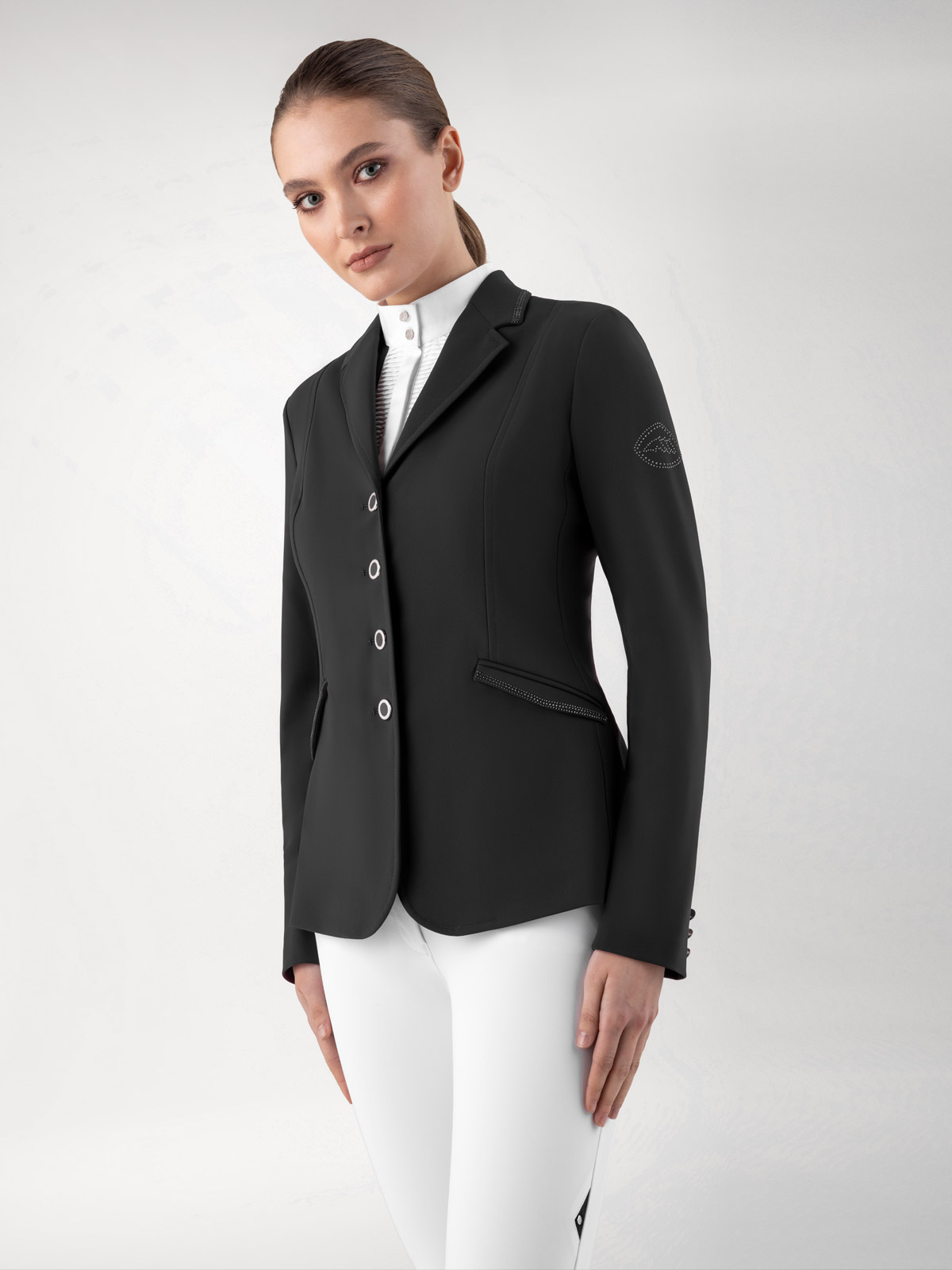 Veste de compétition noire adornada à strass au col et poches pour femme -Equiline