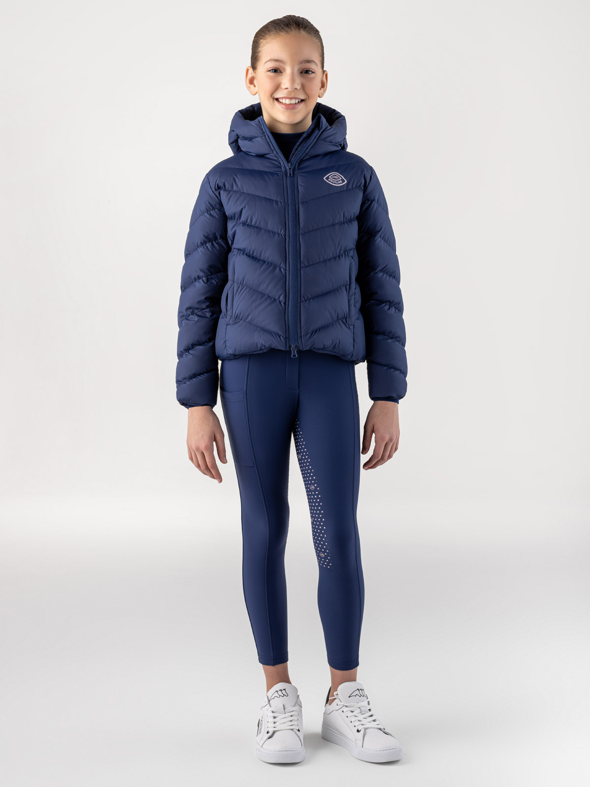 Junior Cumin Navy Quilted Jacket with Hood and Pink Logo – Equiline
